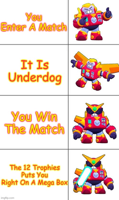 Surge Upgrade | You Enter A Match; It Is Underdog; You Win The Match; The 12 Trophies Puts You Right On A Mega Box | image tagged in surge upgrade | made w/ Imgflip meme maker