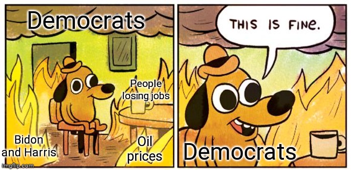This Is Fine | Democrats; People losing jobs; Bidon and Harris; Oil prices; Democrats | image tagged in this is fine,oil,unemployment,politics | made w/ Imgflip meme maker