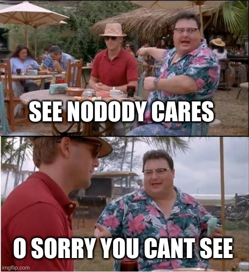 See Nobody Cares Meme | SEE NODODY CARES; O SORRY YOU CANT SEE | image tagged in memes,see nobody cares | made w/ Imgflip meme maker