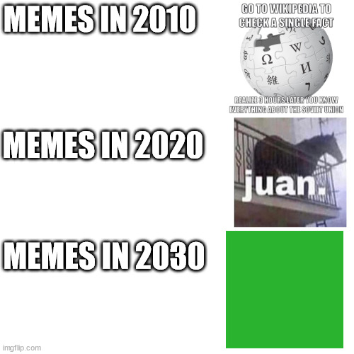 Upgrades people, upgrades | MEMES IN 2010; MEMES IN 2020; MEMES IN 2030 | image tagged in memes,blank transparent square | made w/ Imgflip meme maker