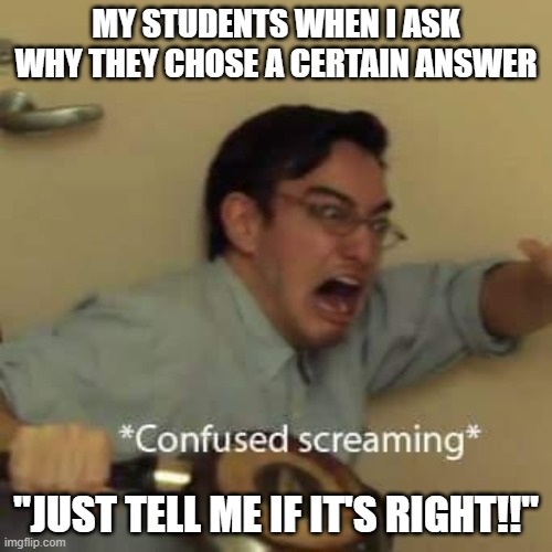 LSAT Answers | MY STUDENTS WHEN I ASK WHY THEY CHOSE A CERTAIN ANSWER; "JUST TELL ME IF IT'S RIGHT!!" | image tagged in filthy frank confused scream | made w/ Imgflip meme maker