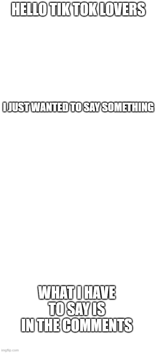 HELLO TIK TOK LOVERS; I JUST WANTED TO SAY SOMETHING; WHAT I HAVE TO SAY IS IN THE COMMENTS | image tagged in blank white template | made w/ Imgflip meme maker
