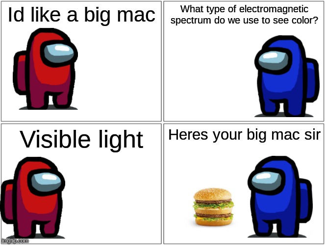 Rare footage of what schools think the world is like | Id like a big mac; What type of electromagnetic spectrum do we use to see color? Visible light; Heres your big mac sir | image tagged in memes,blank comic panel 2x2 | made w/ Imgflip meme maker