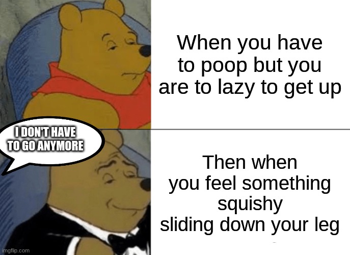 Winnie the Pooh pooping | When you have to poop but you are to lazy to get up; I DON'T HAVE TO GO ANYMORE; Then when you feel something squishy sliding down your leg | image tagged in memes,tuxedo winnie the pooh | made w/ Imgflip meme maker