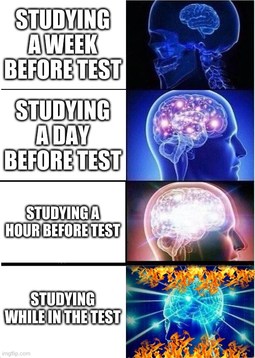 Expanding Brain | STUDYING A WEEK BEFORE TEST; STUDYING A DAY BEFORE TEST; STUDYING A HOUR BEFORE TEST; STUDYING WHILE IN THE TEST | image tagged in memes,expanding brain | made w/ Imgflip meme maker