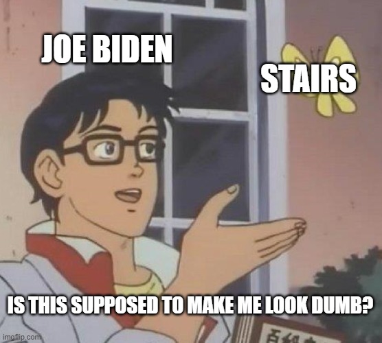 Joe Biden cant even walk down the stairs LOL! | JOE BIDEN; STAIRS; IS THIS SUPPOSED TO MAKE ME LOOK DUMB? | image tagged in memes,is this a pigeon | made w/ Imgflip meme maker