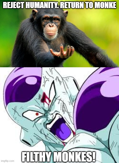 filthy saiyan apes! | REJECT HUMANITY. RETURN TO MONKE; FILTHY MONKES! | image tagged in return to monke | made w/ Imgflip meme maker