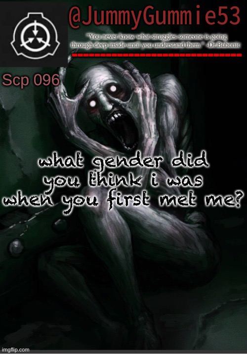 ITS TREND TIME!!!!! IDK IF THIS IS A TREND BUT IM DOING IT!!!!! | what gender did you think i was when you first met me? | image tagged in scp-096 temp by dr bubonic_dark | made w/ Imgflip meme maker