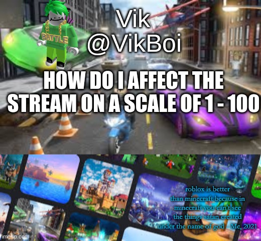Vik Roblox announcement | HOW DO I AFFECT THE STREAM ON A SCALE OF 1 - 100 | image tagged in vik roblox announcement | made w/ Imgflip meme maker