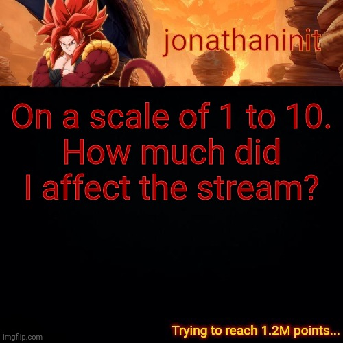 jonathaninit (reaching 1.2M points) | On a scale of 1 to 10.
How much did I affect the stream? | image tagged in jonathaninit reaching 1 2m points | made w/ Imgflip meme maker