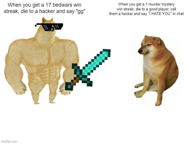 Buff Doge vs. Cheems Meme | When you get a 17 bedwars win streak, die to a hacker and say "gg"; When you get a 1 murder mystery win streak, die to a good player, call them a hacker and say "I HATE YOU" in chat | image tagged in memes,buff doge vs cheems | made w/ Imgflip meme maker