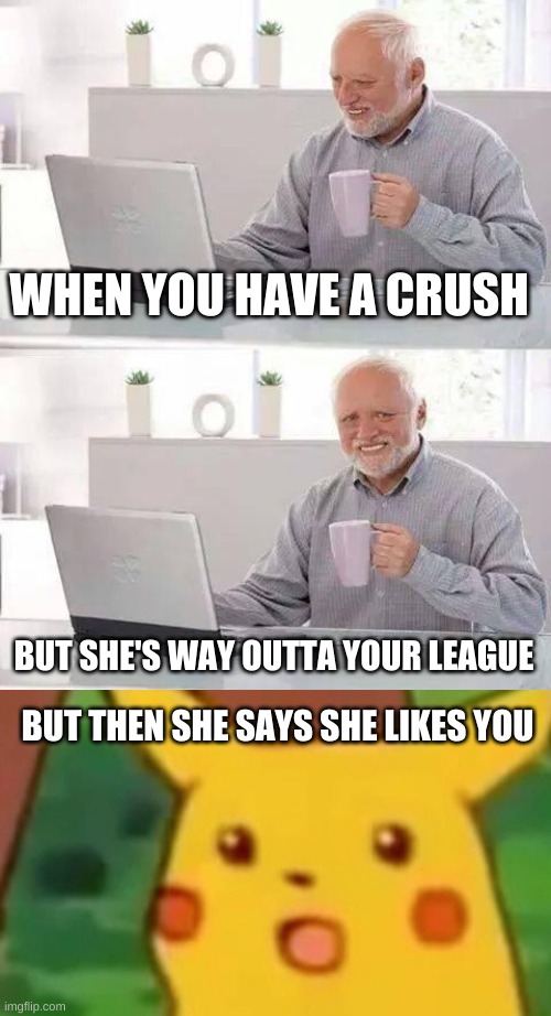 what still needs to happen to me | WHEN YOU HAVE A CRUSH; BUT SHE'S WAY OUTTA YOUR LEAGUE; BUT THEN SHE SAYS SHE LIKES YOU | image tagged in memes,hide the pain harold | made w/ Imgflip meme maker