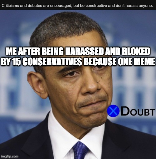 ME AFTER BEING HARASSED AND BLOKED BY 15 CONSERVATIVES BECAUSE ONE MEME | image tagged in obama x to doubt,la noire press x to doubt | made w/ Imgflip meme maker