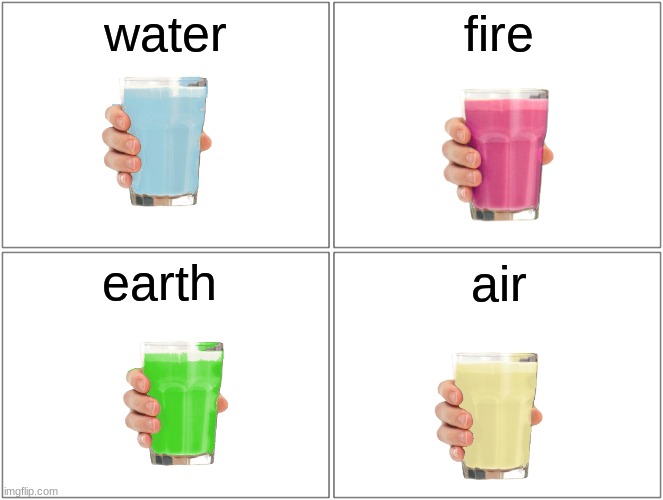 Blank Comic Panel 2x2 | water; fire; earth; air | image tagged in memes,blank comic panel 2x2 | made w/ Imgflip meme maker