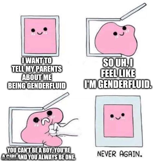 AND THEY ARE OKAY WITH EVERYONE ELSE BEING TRANS WTF | I WANT TO TELL MY PARENTS ABOUT ME BEING GENDERFLUID; SO UH, I FEEL LIKE I'M GENDERFLUID. YOU CAN'T BE A BOY, YOU'RE A GIRL AND YOU ALWAYS BE ONE. | image tagged in never again | made w/ Imgflip meme maker