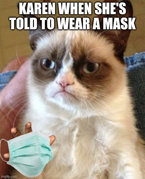 Grumpy Cat | KAREN WHEN SHE'S TOLD TO WEAR A MASK | image tagged in memes,grumpy cat | made w/ Imgflip meme maker