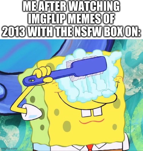DON'T DO IT | ME AFTER WATCHING IMGFLIP MEMES OF 2013 WITH THE NSFW BOX ON: | image tagged in spongebob brushing eyes | made w/ Imgflip meme maker