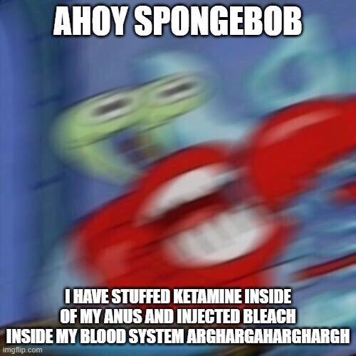 ahoy spongebob | AHOY SPONGEBOB; I HAVE STUFFED KETAMINE INSIDE OF MY ANUS AND INJECTED BLEACH INSIDE MY BLOOD SYSTEM ARGHARGAHARGHARGH | image tagged in mr krabs blur | made w/ Imgflip meme maker