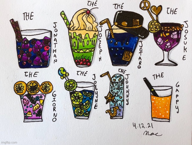 Some JJBA-Inspired Drinks I Drew. | image tagged in drawings,drinks,jojo's bizarre adventure | made w/ Imgflip meme maker