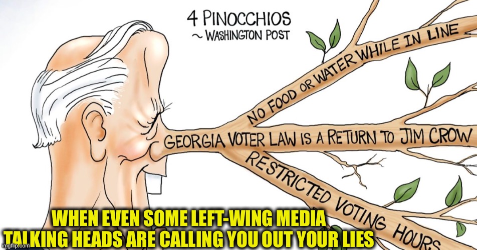 Georgia voting law | WHEN EVEN SOME LEFT-WING MEDIA TALKING HEADS ARE CALLING YOU OUT YOUR LIES | image tagged in joe biden,georgia,democrats,memes,liberal logic | made w/ Imgflip meme maker