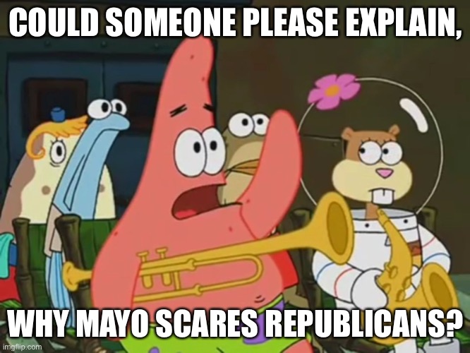 I’m so confused as to why it scares them | COULD SOMEONE PLEASE EXPLAIN, WHY MAYO SCARES REPUBLICANS? | image tagged in is mayonnaise an instrument | made w/ Imgflip meme maker