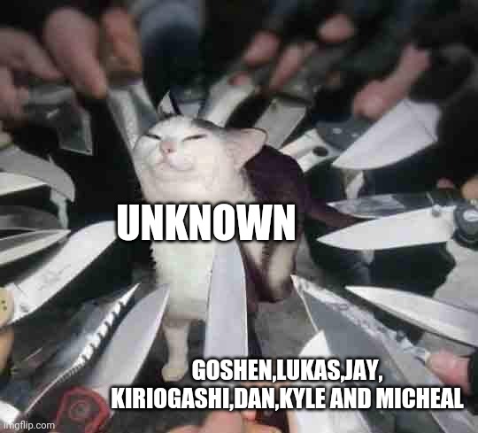 No one likes unknown right now- | UNKNOWN; GOSHEN,LUKAS,JAY, KIRIOGASHI,DAN,KYLE AND MICHEAL | image tagged in smug cat surrounded by knives | made w/ Imgflip meme maker