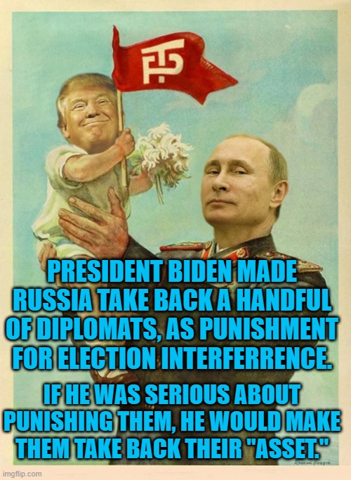 Please Throw The Baby Out With The Bathwater. | PRESIDENT BIDEN MADE RUSSIA TAKE BACK A HANDFUL OF DIPLOMATS, AS PUNISHMENT FOR ELECTION INTERFERRENCE. IF HE WAS SERIOUS ABOUT PUNISHING THEM, HE WOULD MAKE THEM TAKE BACK THEIR "ASSET." | image tagged in politics | made w/ Imgflip meme maker