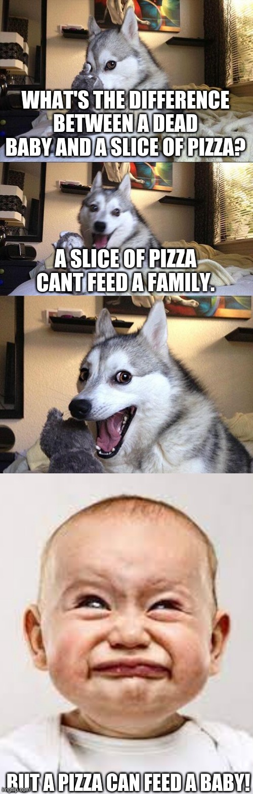 mememer pogg | WHAT'S THE DIFFERENCE BETWEEN A DEAD BABY AND A SLICE OF PIZZA? A SLICE OF PIZZA CANT FEED A FAMILY. BUT A PIZZA CAN FEED A BABY! | image tagged in i see dead people,bad pun dog | made w/ Imgflip meme maker