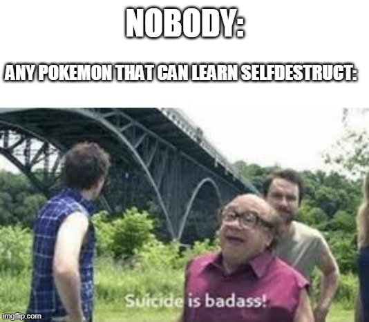 it sure is | NOBODY:; ANY POKEMON THAT CAN LEARN SELFDESTRUCT: | image tagged in suicide is badass,memes,funny,pokemon | made w/ Imgflip meme maker