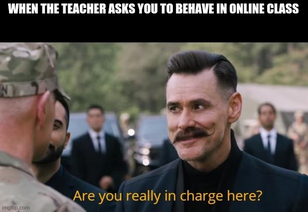 Are you really in charge here? |  WHEN THE TEACHER ASKS YOU TO BEHAVE IN ONLINE CLASS | image tagged in are you really in charge here | made w/ Imgflip meme maker