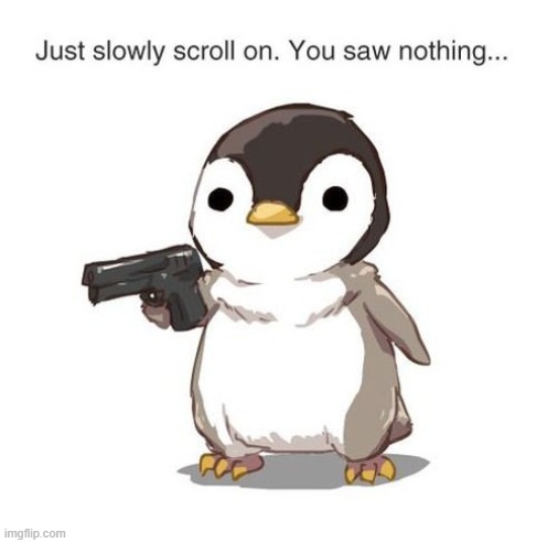 Penguin : Just slowly scroll on, you saw nothing | image tagged in gun,guns,penguin,penguins | made w/ Imgflip meme maker
