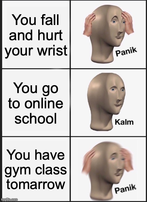 *Chuckles* I'm in danger | You fall and hurt your wrist; You go to online school; You have gym class tomarrow | image tagged in memes,panik kalm panik | made w/ Imgflip meme maker