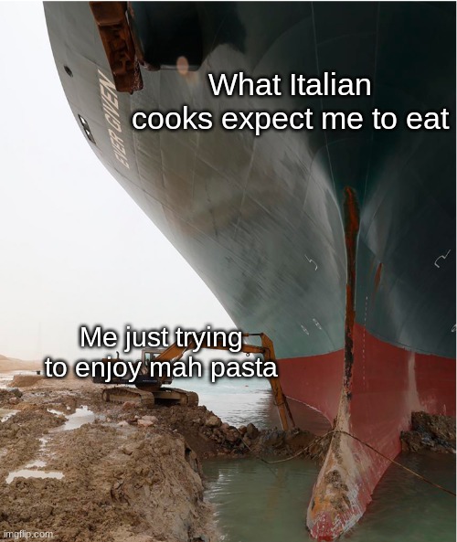 why..... | What Italian cooks expect me to eat; Me just trying to enjoy mah pasta | image tagged in suez-canal | made w/ Imgflip meme maker