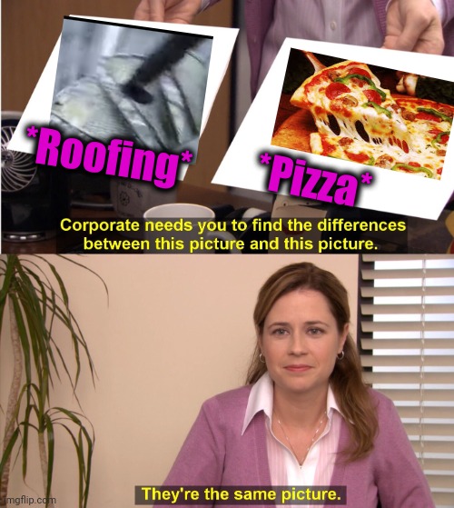 -Italian bread. | *Roofing*; *Pizza* | image tagged in memes,they're the same picture,fast food,italian hand,roof,tiny piece of paper | made w/ Imgflip meme maker