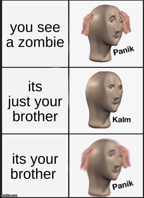 baba zomee | you see a zombie; its just your brother; its your brother | image tagged in memes,panik kalm panik | made w/ Imgflip meme maker