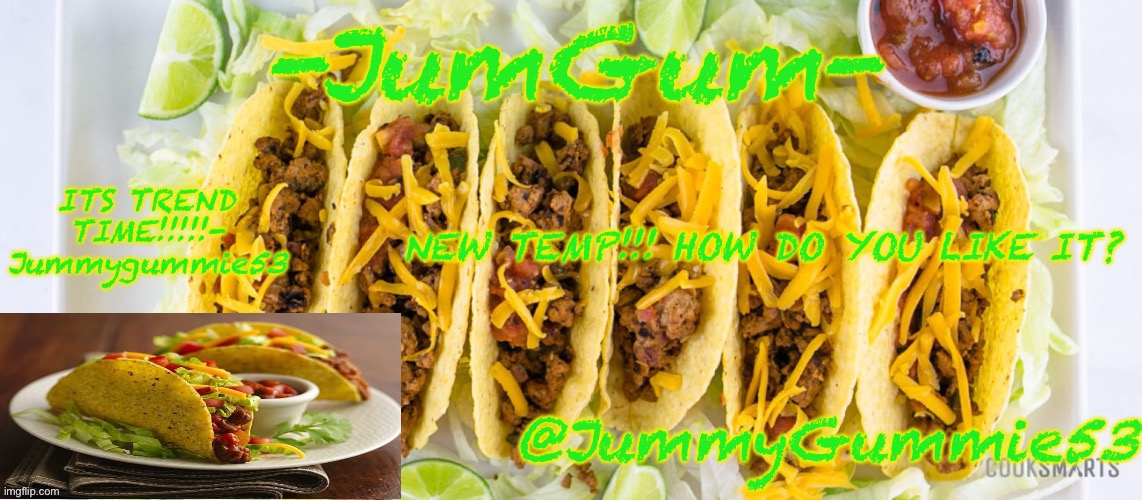 Jummygummie53’s taco temp | NEW TEMP!!! HOW DO YOU LIKE IT? | image tagged in jummygummie53 s taco temp | made w/ Imgflip meme maker
