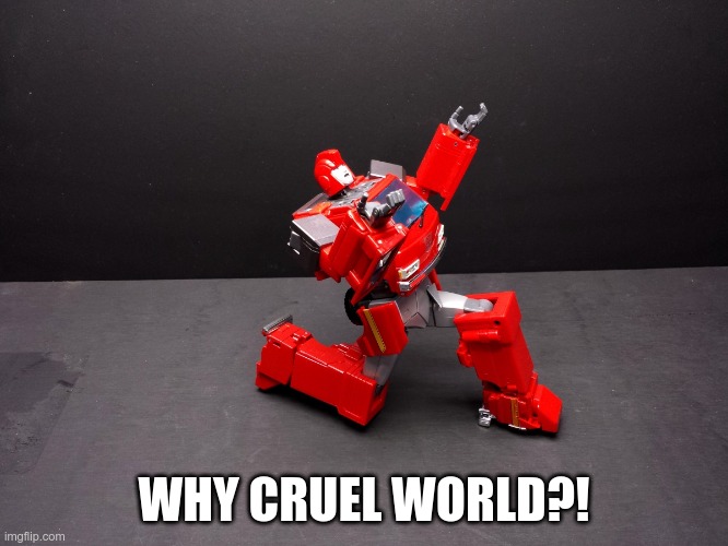 Transformers Ironhide Kneel | WHY CRUEL WORLD?! | image tagged in transformers ironhide kneel | made w/ Imgflip meme maker