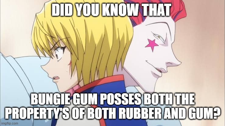 HxH | DID YOU KNOW THAT; BUNGIE GUM POSSES BOTH THE PROPERTY'S OF BOTH RUBBER AND GUM? | image tagged in hxh hunter hunter kurapika hisoka | made w/ Imgflip meme maker
