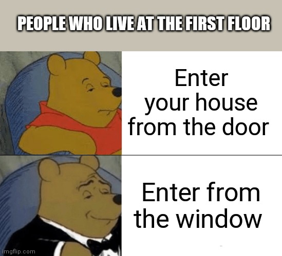 Tuxedo Winnie The Pooh | PEOPLE WHO LIVE AT THE FIRST FLOOR; Enter your house from the door; Enter from the window | image tagged in memes,tuxedo winnie the pooh | made w/ Imgflip meme maker