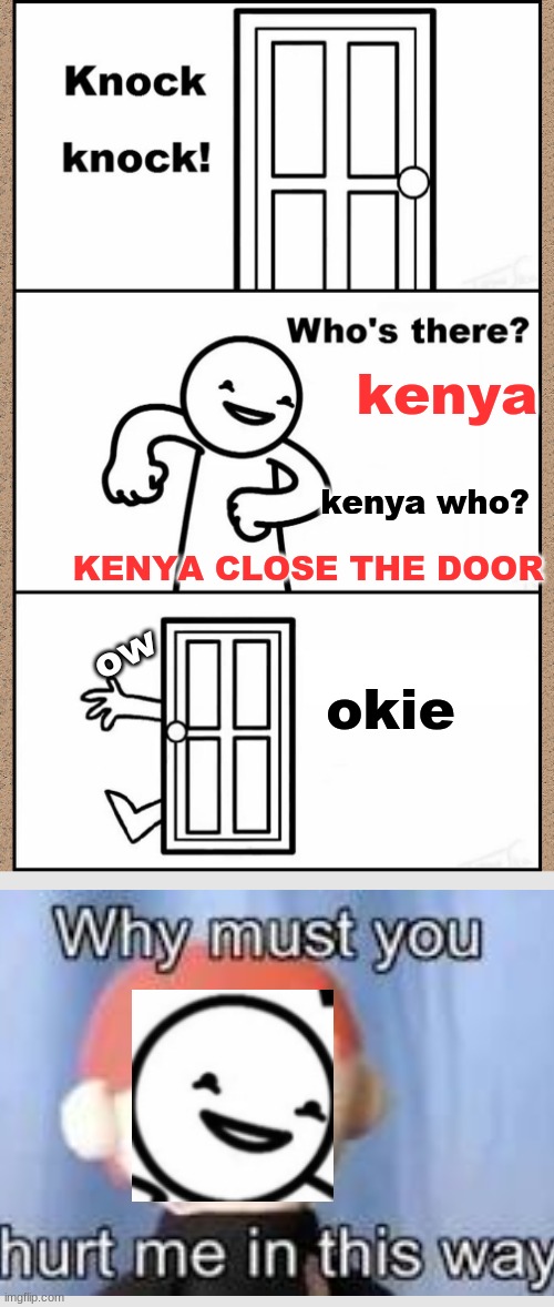 that must of hurt | kenya; kenya who? KENYA CLOSE THE DOOR; okie; ow | image tagged in knock knock asdfmovie | made w/ Imgflip meme maker