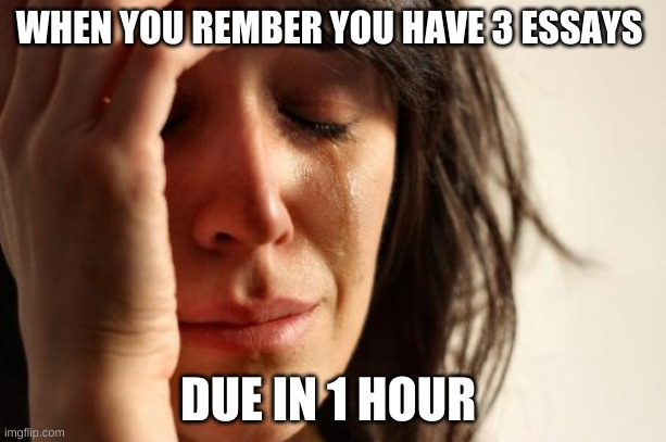 First World Problems | WHEN YOU REMBER YOU HAVE 3 ESSAYS; DUE IN 1 HOUR | image tagged in memes,first world problems | made w/ Imgflip meme maker