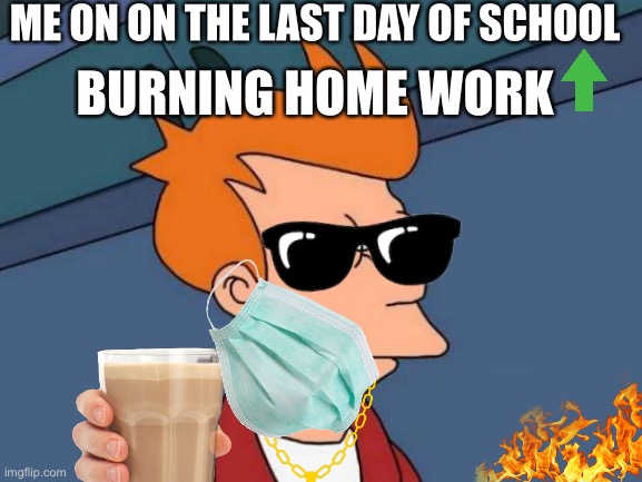 Futurama Fry Meme | ME ON ON THE LAST DAY OF SCHOOL; BURNING HOME WORK | image tagged in memes,futurama fry | made w/ Imgflip meme maker