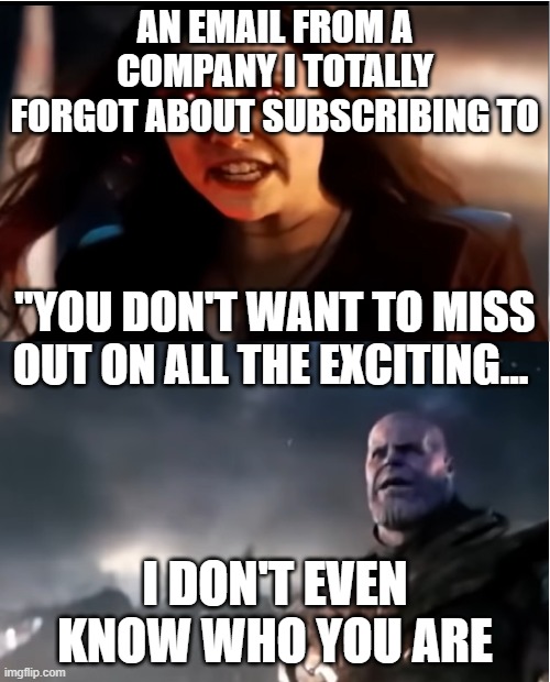 Thanos I don't even know who you are | AN EMAIL FROM A COMPANY I TOTALLY FORGOT ABOUT SUBSCRIBING TO; "YOU DON'T WANT TO MISS OUT ON ALL THE EXCITING... I DON'T EVEN KNOW WHO YOU ARE | image tagged in thanos i don't even know who you are,email | made w/ Imgflip meme maker