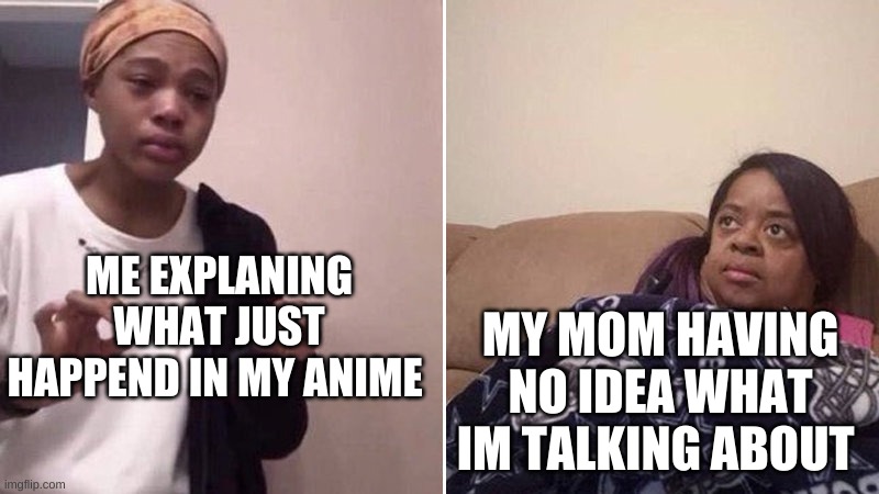 Me explaining to my mom | ME EXPLANING WHAT JUST HAPPEND IN MY ANIME; MY MOM HAVING NO IDEA WHAT IM TALKING ABOUT | image tagged in me explaining to my mom | made w/ Imgflip meme maker