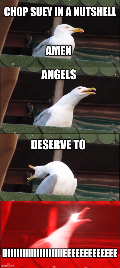 Inhaling Seagull | CHOP SUEY IN A NUTSHELL; AMEN; ANGELS; DESERVE TO; DIIIIIIIIIIIIIIIIIIIEEEEEEEEEEEEE | image tagged in memes,inhaling seagull | made w/ Imgflip meme maker