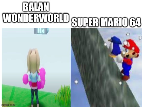 The resemblance is uncanny | SUPER MARIO 64; BALAN WONDERWORLD | image tagged in super mario 64,barney will eat all of your delectable biscuits | made w/ Imgflip meme maker