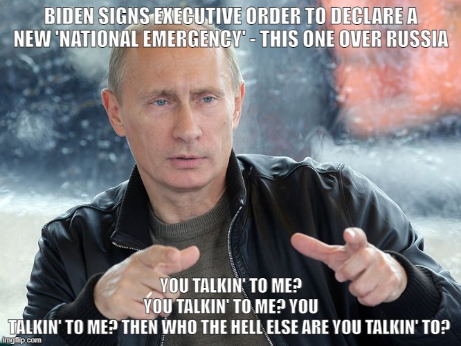 Putin | BIDEN SIGNS EXECUTIVE ORDER TO DECLARE A NEW 'NATIONAL EMERGENCY' - THIS ONE OVER RUSSIA; YOU TALKIN' TO ME? YOU TALKIN' TO ME? YOU TALKIN' TO ME? THEN WHO THE HELL ELSE ARE YOU TALKIN' TO? | image tagged in vladimir putin | made w/ Imgflip meme maker