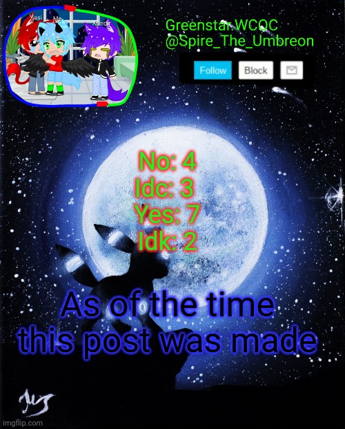 Spire announcement (Greenstar.WCOC) | No: 4
Idc: 3 
Yes: 7
Idk: 2; As of the time this post was made | image tagged in spire announcement greenstar wcoc | made w/ Imgflip meme maker