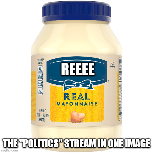 Don't mind me just making a political sandwhich.  Orange mand bad and such | REEEE; THE "POLITICS" STREAM IN ONE IMAGE | image tagged in mayonnaise | made w/ Imgflip meme maker
