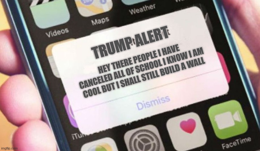 This is what everyone wants plus what everyone gets | TRUMP ALERT; HEY THERE PEOPLE I HAVE CANCELED ALL OF SCHOOL I KNOW I AM COOL BUT I SHALL STILL BUILD A WALL | image tagged in memes,presidential alert | made w/ Imgflip meme maker